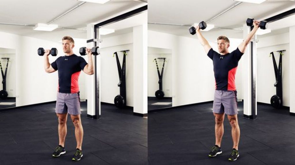 Подъем на плечи сидя. Shoulder Press упражнение. Жим вверх с гантелями. Махи гантелей над головой. Подъем гантелей над головой.